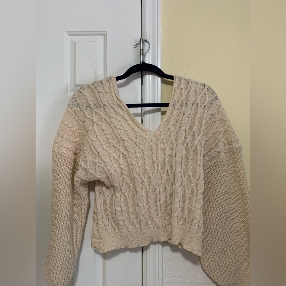 Shein Sweater Open Knit Tan Crop Top Size Large Balloon Sleeve Fashion Nova - Picture 10 of 12